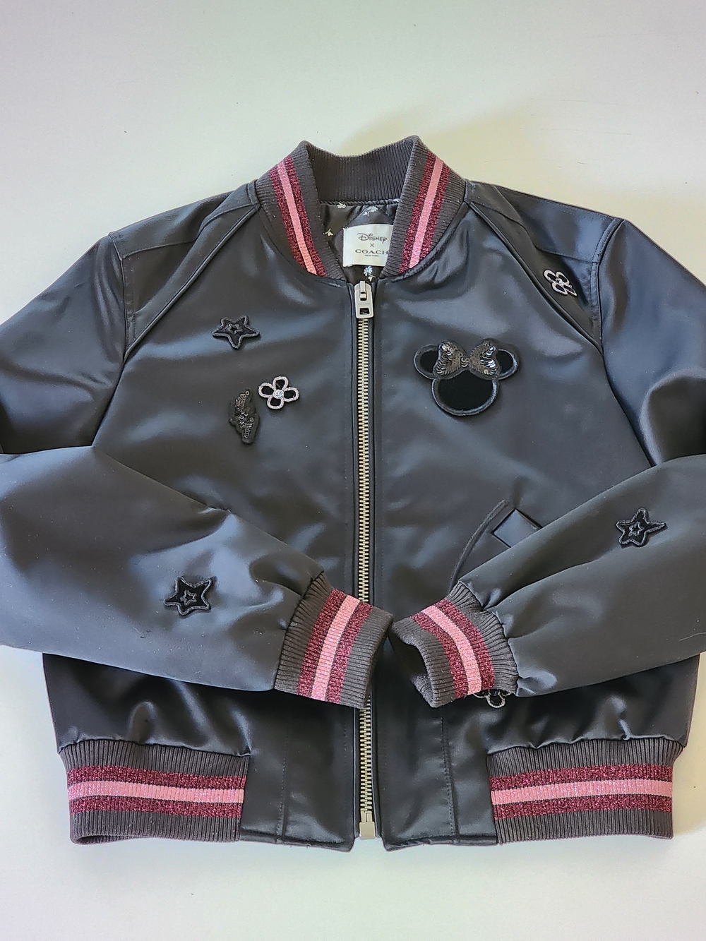 RARE Disney x Coach Black Satin Minnie Patch Bomber Jacket-Size XS